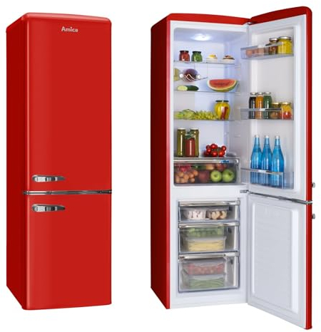 Amica KGCR 387 101 R Retro Kühl-/Gefrierkombination/Rot / 181cm (H) x 55cm (B) x 62cm (T) / Retro-Design/Kühlschrank mit Gefrierfach