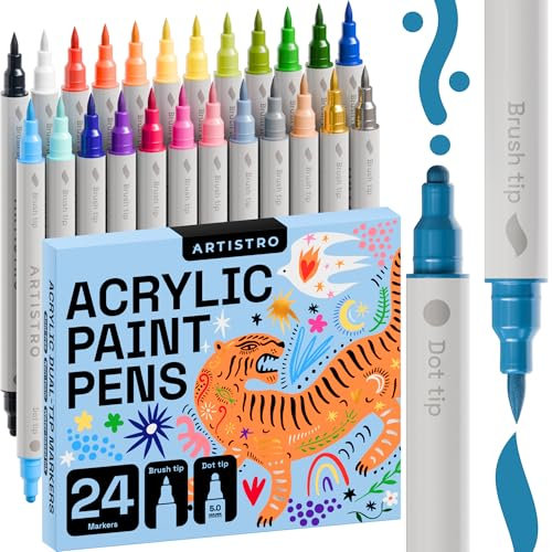 Artistro 24 Acrylfarbenmarker für Stoff, Steine, Papier, Holz, Leinwand, Glas, Heimwerken – sicher für Kinder, Acrylfarbenstifte mit Doppelspitze (Doppelspitze Punkt + Pinsel, 24)