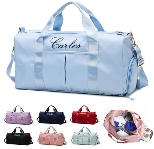 Personalisierte Sporttaschen Mit gesticktem Namen(hellblau) | Geräumige Reisetasche,Nassfach & Schuhfach,Für Männer und Frauen,Geburtstagsgeschenk für die Familie