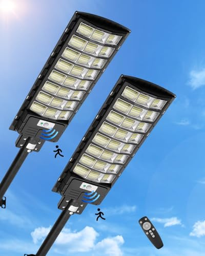 Bellanny Farolas Solar Exterior 800W, Luz blanca fría 6500K Focos Proyector LED con sensor de movimiento, Impermeable IP65 Farola Potente, Luz de Seguridad para Patio Aparcamientos Calle Jardin,2Pcs