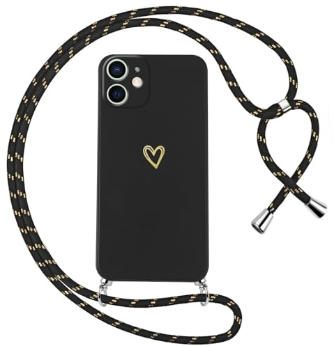 Oelrstfe Handyband für iPhone 12 Mini Hülle mit Band Herz Motiv Handyhülle für zum Umhängen Silikon Stoßfest Ultra Dünn Weich Schutzhülle mit Kordel Necklace Kette Love Muster Case,Schwarz