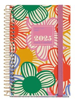 Miquelrius - Dagskalender 2025, 80 x 120 mm, dagskalender, folierad kartongomslag, spiral, elastisk gummiförslutning, 80 g/m² papper, spanska, engelska och portugisiska, blommande