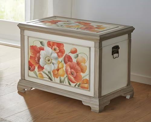 Dekoleidenschaft Holztruhe Blumen 52x32x37 cm, Aufbewahrungstruhe im Bauern-Stil, Truhe aus Holz mit Deckel