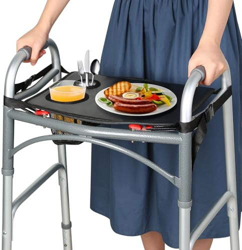 HOOMTREE Rollator-Tablett für klappbaren Rollator, Tabletts für Rollatoren für Senioren, abnehmbar mit Getränkehalter, Rollator-Tabletts für rollende klappbare Rollatoren, Rollator-Zubehör für ältere