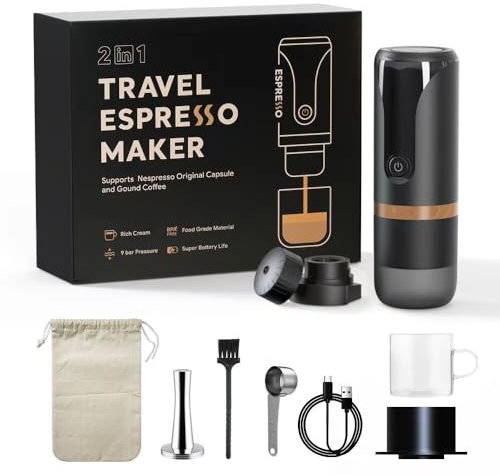 Cafetera Espresso, 9 Bar, Gran Potencia, bajo Nivel de Ruido, Portátil, Recargable, Cafetera Espresso Manual, Máquina de Espresso Manual con Taza de Vidrio, Cuchara, Bolsa de