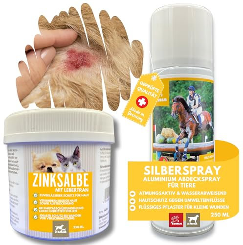 Erste Hilfe Set Haustiere Wundspray Hund & Lebertran Zinksalbe - Silberspray Hund I Wundspray - Lebertran-Zinksalbe bei wunder Haut mit Zink für Tiere I Zinksalbe Wundsalbe Gegen Juckreiz 0,2 0,25L
