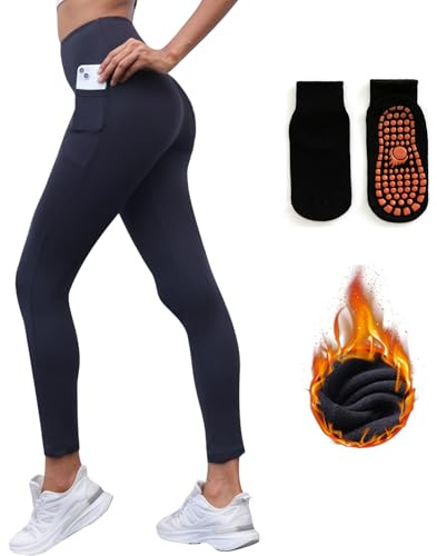 TYXHXTF Leggings Termicos Mujer Invierno, Leggins Deportivos con Bolsillos, Cintura Alta Mallas Deporte, Pantalones Yoga (con Calcetines Yoga Pilates Antideslizantes)