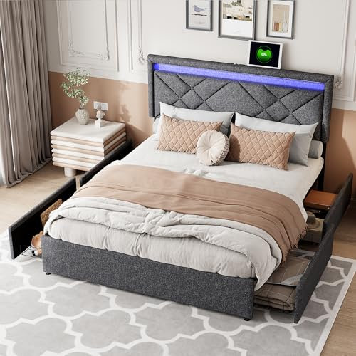 Schubladenbett 140 x 200 cm Polsterbett Doppelbett mit LED-Beleuchtung und 4 Großer Schubladen, Verstellbares Kopfteil, Gepolstertes Bettgestell Jugendbett (Dunkelgrau + Schubladen, 140 x 200 cm)