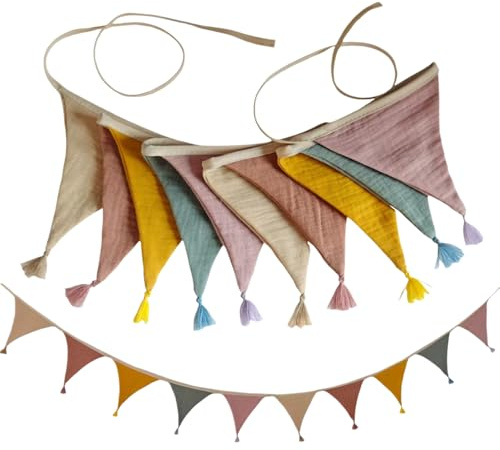 Wimpelkette Kinderzimmer Deko,Babyzimmer deko Junge,wimpelkette Musselin Baumwolle Stoff Wimpelkette,Baby Zimmer Girlande Stoff,Hausbett Deko Mädchen Jungen Wimpel Aufhängen für Hausbett/Wanddeko (B)