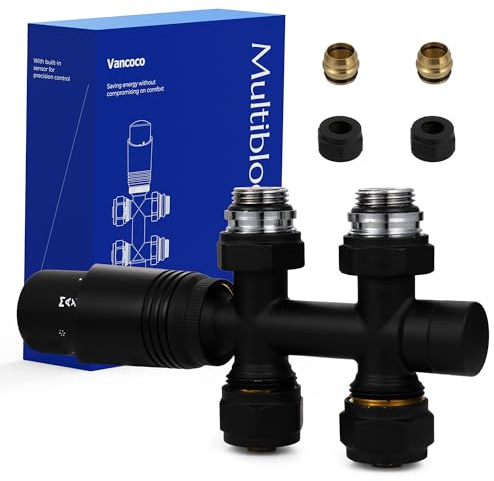 VANCOCO Schwarz Thermostat Multiblock Hahnblock Durchgang 50mm Nabenabstand | Multiblock Ventil-Armaturen Set mit Eurokonus, passend für Ø16×2 mm Kunststoffrohre & Ø15mm Kupferrohre für Heizkörper