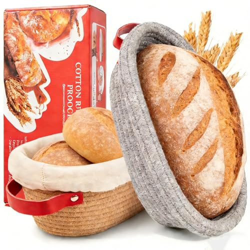 Banneton Proofing Basket, 2 x 10 Oval Round Sourdough Bread Proving Basket with Liner & Cover | Cotton Rope Sourdough Starter Baskets Baking Accessories, Artisan Baking Gifts for Women, Wife, Bakers