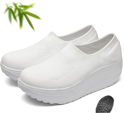 Chaussures orthopédiques à bas à bascule pour femme - Mocassins à plateforme compensée - Coupe large, blanc, 43 EU