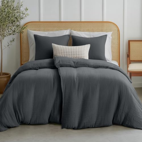 Dreamzie Copripiumino Singolo 135x200 in Cotone – Set con 2 Copripiumini e 2 Federe 80x80 cm – Grigio Scuro – Mussola di Cotone – Chiusura Lampo – Certificato Oeko-Tex