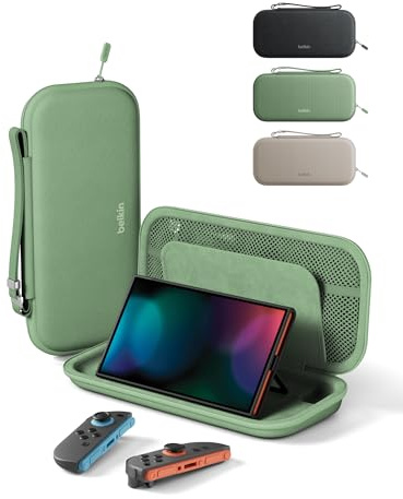 Belkin Nintendo Switch 2 Case, Travel Bag w/AirTag Holder & Storage Pocket for Up to 12 Game Cards - Portable, Lightweight Carrying Case w/Hard Shell, Soft Interior, Switch 2 Accessories - Sage