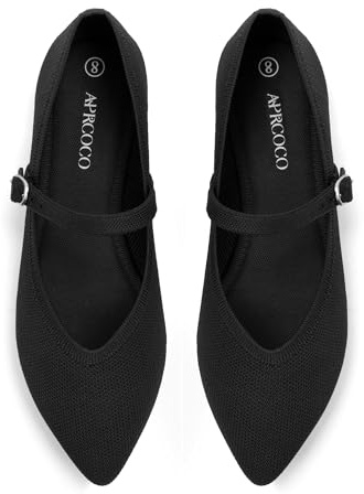 AprCoco Flats for Women Knit Pointed Toe Ballet Flat with Ankle Strap Casual Womens Shoes Comfort Soft Walking Office,Size 07，Black