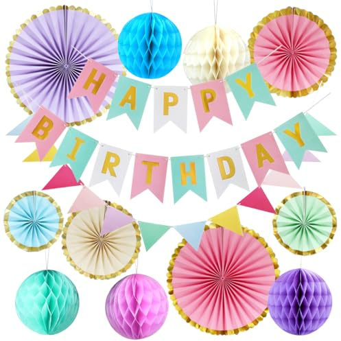 Wiederverwendbare Geburtstagsdeko, Pastel Birthday Party Decorations, Happy Birthday Girlande, Wimpelkette Geburtstag, Wabenbälle, Papierfächer, Deko Kindergeburtstag Set für Männer und Frauen