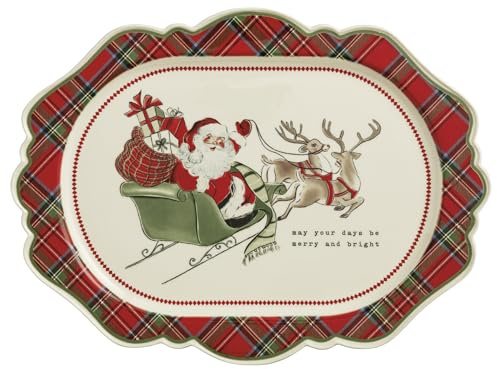 Mud Pie Christmas Santa Sleigh Tartan Platter