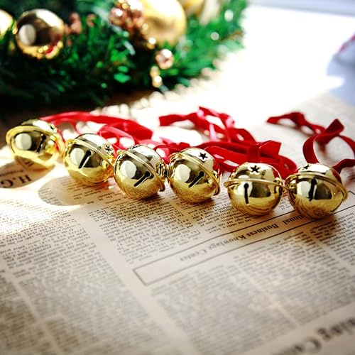 Regendeko Christbaumschmuck 6er Set, Goldene Glocken mit Roten Bändern, Weihnachtsglocke Weihnachtsbaum Deko für Tannenbaum