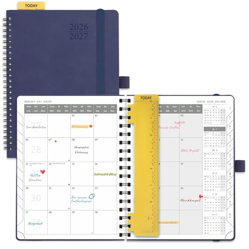 POPRUN Agenda Månadskalender 2026 2027, Juli'26 - Dec'27, 18 Månader 22 x 16,5 cm, 2 Sidor per Månad, Skolkalender, Mjuk Spiralbindning, Linjal, Papper 100 gsm,Marineblå