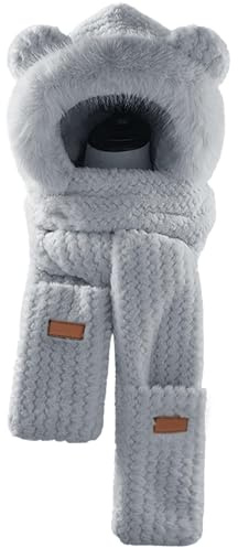 Plüsch-Bär-Ohr-Kapuzenschal, Kapuzenschal für Damen, Winter, dicker süßer Bären-Ohr-Hut-Schals, 3-in-1-Kunstfell-Handschuh-Set, grau, One size
