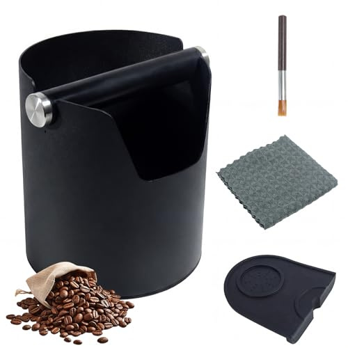 Abklopfbehälter für Siebträger – Edelstahl Knock Box, Kaffeesatz Abschlagbehälter mit Reinigungsbürste, Reinigungstuch & Silikon-Tampermatte, Siebträger Zubehör Set für Espresso, Haushalt und Café