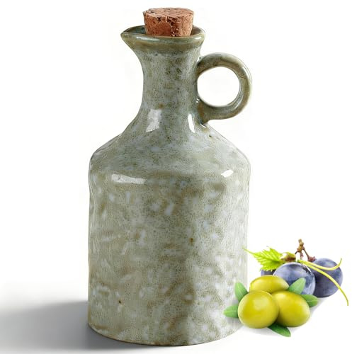 Keramik Ölausgießer mit Korken 400 ml, Olivenöl Flasche mit Auslaufsicherer Tülle, Essigspender, Sojasoße, Zitronensaft für Küche, Reaktivglasur Handarbeit (Grün)