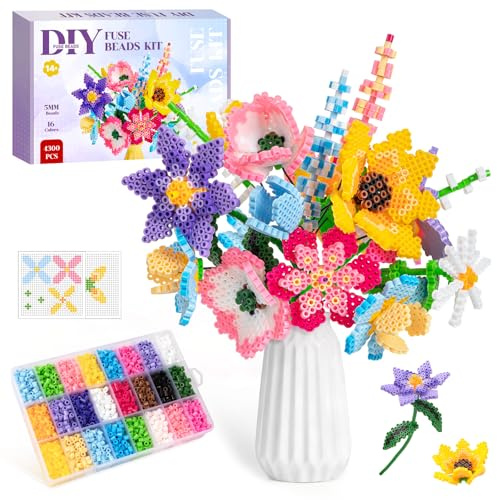 WEVOL Bügelperlen Set 5mm 3D Blumenstrauß, 4300 Stück Steckperlen mit Motivvorlagen und Bügelpapier für Kinder, Set DIY Bügelperlen Blume Ideal Geschenke für Weihnachts Geburtstags Ostergeschenk