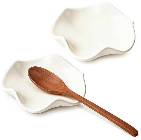 YUESIKJ 2 Stück Keramik Löffelablage für Küche, Löffelablage Keramik für die Küche, Kochlöffelablage Weiß, Kaffeelöffelhalter Oder Zange Platzieren