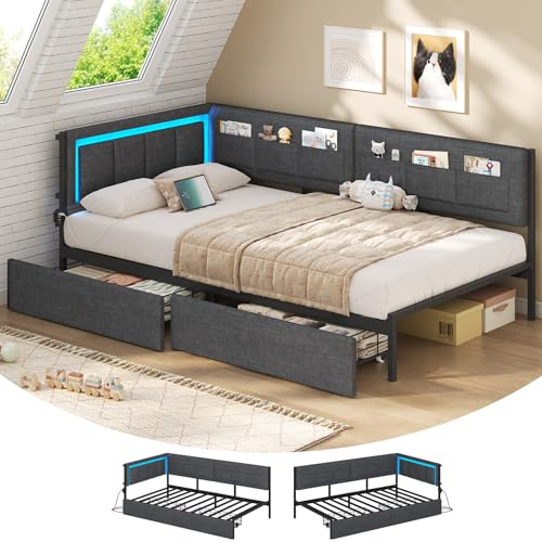 3ft Single Bed Frame 90x190 with 2 Drawers, Single Daybed with LED Lights, Charging Station and 6 Fabric Bags, Single Bed 90x190cm with Upholstered Headboard, Reversible Left/Right Hand Assembly, Grey
