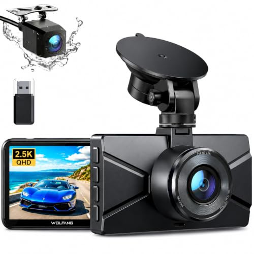 WOLFANG Dash Cam Front and Rear 2.5K, 1440P Dashcam for Cars with 3.0 LCD Display, Super Night Vision, Loop Recording, G-Sensor, 170 Wide Angle WDR, 24H Parking Guard