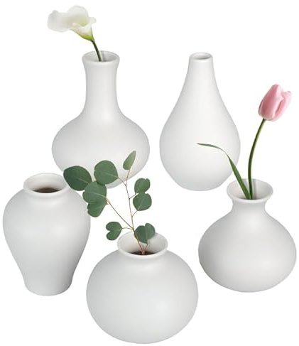 YYTECH Keramikvas-set, 5 vita små handgjorda keramikvaser, blomvaser för modern heminredning, gör-det-själv keramik-vas-set, för vardagsrum, hylldekor, matbord bokhylla spiselkransar entré