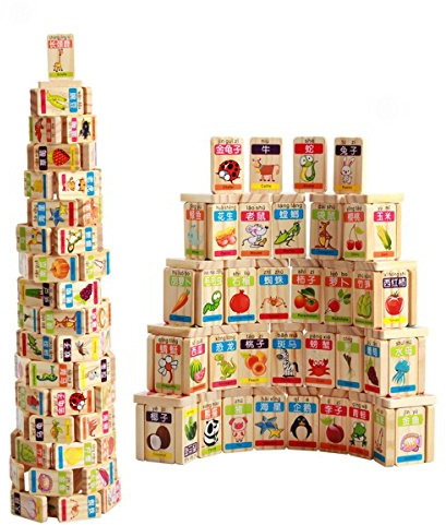 Guaishou New Chinese English Language Learning Wooden Blocks Domino Children's Educational Product Wooden Toys Recognize/Identify Fruits and Animals 100pcs