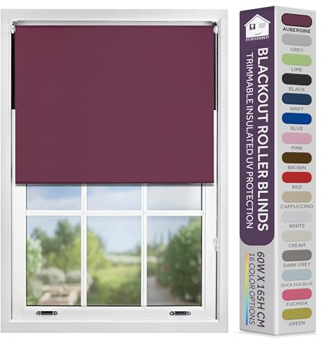 FURNISHED Blackout Roller Blind with Metal Fittings Trimmable Insulated Thermal Fabric Heavy-duty Easy Install Brackets Window Roller Blinds - Aubergine, 60W x 165H cm