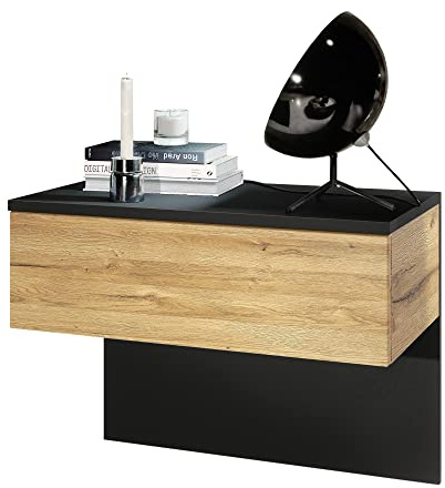 Vladon Nachttisch Sleep, Made in Germany, Nachttischschrank mit Schublade zur Wandmontage, Schwarz matt/Eiche Natur (60 x 46 x 35 cm)
