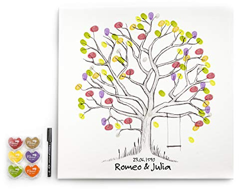 codiarts. Leinwand für Fingerabdrücke DIY Hochzeit, Jubiläum, Familienfeier, Party, Geburtstag als Gästebuch inkl. Stempelkissen und Stift - Motiv Baum mit Schaukel - 50x50cm, Weddingtree