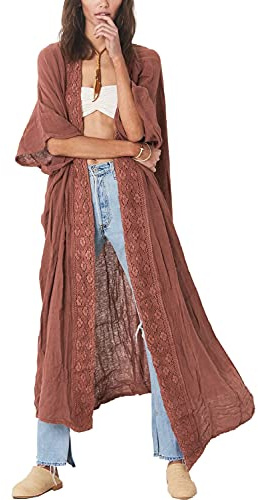 LikeJump Damer bohemiska blombroderier broderi bikini täcka toppar överdimensionerade strandklänningar kaftan kimono baddräkt, Grön och röd, En Storlek