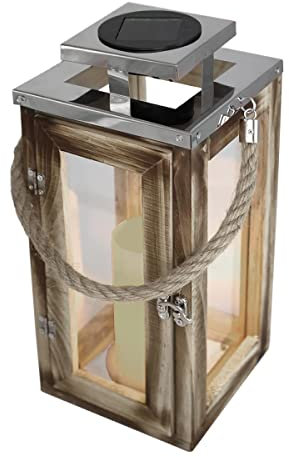 Lanterne solaire chic en bois naturel et inox effet bougie LED blanc chaud OAKY H28cm