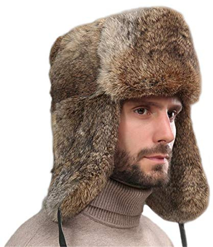 KAISHIN Unisex Winter Vollfell Kaninchenfell Bomber Hüte Russische Ushanka Fliegermützen für Männer Frauen Baumwolle Layer Ski Hüte (L, Braun)