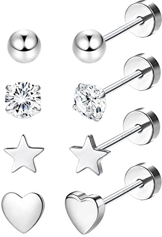 LOLIAS 4 Paar massive 925 Sterling Silber Ohrstecker Set für Damen Herren Winzige Kleine Kugel Herz Stern Zirkonia Ohrringe Hypoallergen Knorpel Helix Ohrpiercing Ohrringe