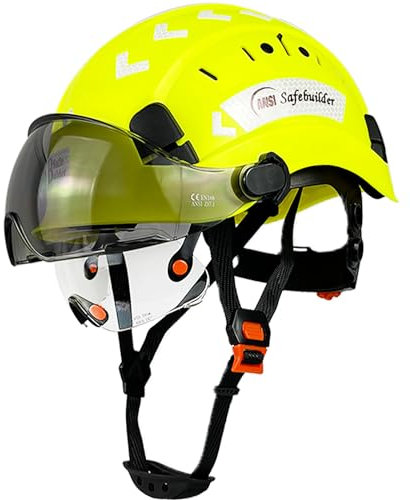 SAFEBUILDER Safety Helmet Hard Hat with Visor Clear & Tinted Adjustable Vented ABS Work Helmet 6-Point Suspension ANSI Z89.1 Approved for Industrial (Fluorescent Yellow Hat with Clear & Tinted Visor)