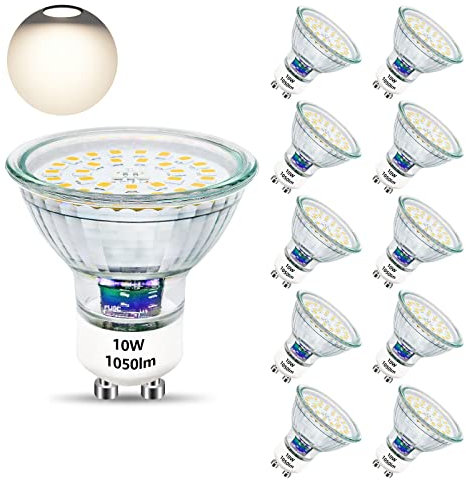 Unikcst GU10 LED Bulbs Neutral White 10W LED Spotlight Replaces 100W Halogen 4500K Base Glass 1050lm Super Bright Spot Lights 220-240V Energy Saving Light Bulb, 10 Pack