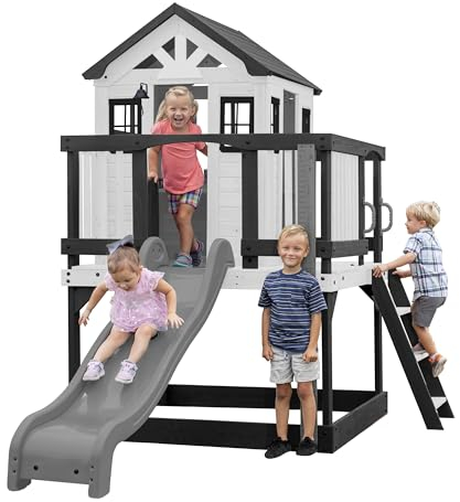 Backyard Discovery Sweetwater Heights Casetta da gioco su palafitte e scivolo verde, cucina da gioco, sabbiera e altalena | Casa da gioco per il giardino/esterno in grigio e bianco | Attrezzature da