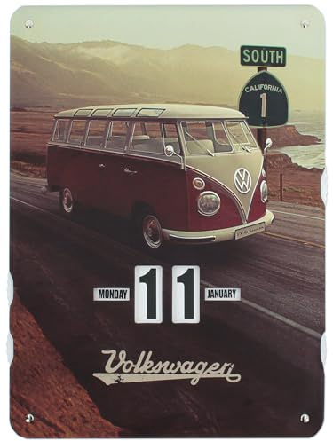 BRISA VW Collection - Volkswagen T1 Bulli Bus Endloskalender, Ewiger Kalender zum Aufhängen (37 x 27 x 0,5 cm | 4c bedruckte Pappe) (Highway 1/Bunt) | Volkswagen Kalender Datum Verstellbar Wand Deko zum Aufhängen Büro Zuhause Garage, 4c Spezialpappe, Highway 1/Bunt