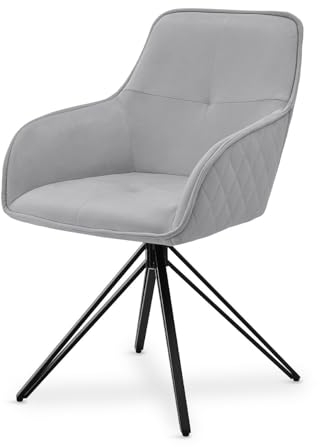 Juskys Drehstuhl Clyde mit Armlehne & Stoff Bezug - Esszimmerstuhl modern - Polsterstuhl Esszimmer - 120 kg belastbar - Stuhl Samt Hellgrau