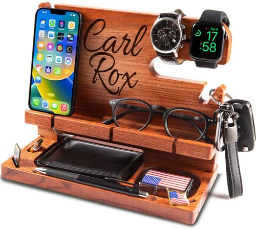 GRETAOTO Docking Station Legno Personalizzato per Cellulare Supporto Telefono Compatibilità Universale Accessori Smartphone Svuotatasche Regali per Lui Uomo Papà Marito Natale (Maroon)