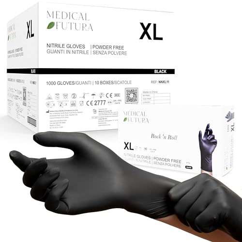 Medical Futura - 1000 Nitrilhandschuhe XL Schwarz Einweghandschuhe Anallergisch 4.5g, Puderfrei, Latexfrei, Für Kosmetiker, Tätowierer, Werkstätten, Lebensmittelverarbeitung (XL, Schwarz)