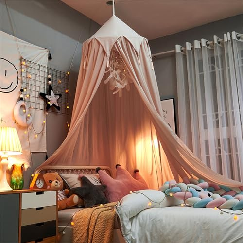 Odot Betthimmel Babybett, Betthimmel Mädchen und Jungen Himmelbett Vorhänge Kinder Baldachin Kinderzimmer Rund Hängende Princess Moskitonetz für Schlafzimmer Babyzimmer (65cm,Rosa mit Fransen)