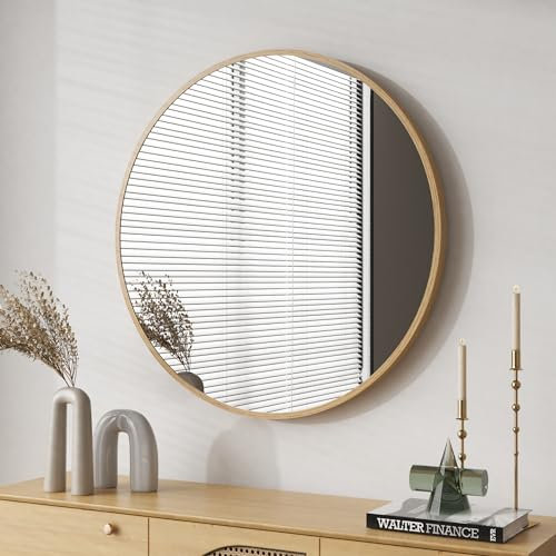 BD-Baode Rund Spiegel mit Holzmaserung Rahmen 60 cm Wandspiegel Runder Badspiegel Ohne Beleuchtung für Badzimmer, Ankleidezimmer und Wohnzimmer