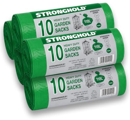 Bag Market | Heavy Duty Green Garden Waste Bags/Sacks on a Roll - 118 Litres - Bin, Refuse, Rubbish (5 Rolls - 50 Bags)