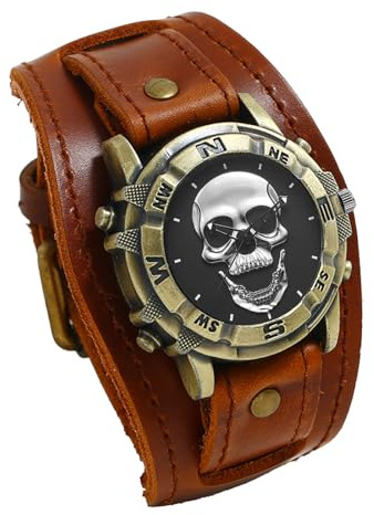 JewelryWe Reloj Calavera Steampunk Hombre: Reloj de Pulsera de Cuarzo Analógico Moteros Redondo Vintage para Caballero Correas de Cuero Ancha - para Fiesta Ocio Negocios Regalos